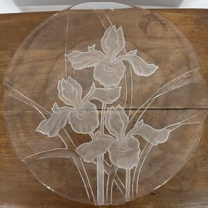 Vintage Dorothy Thorpe Sand Etched Glass‎ Iris Platter MCM Serving Plate 12"